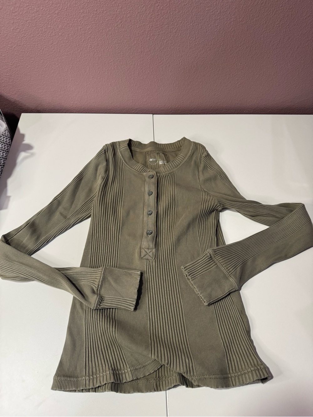 aerie Olive Ribbed Henley Long-Sleeve Top